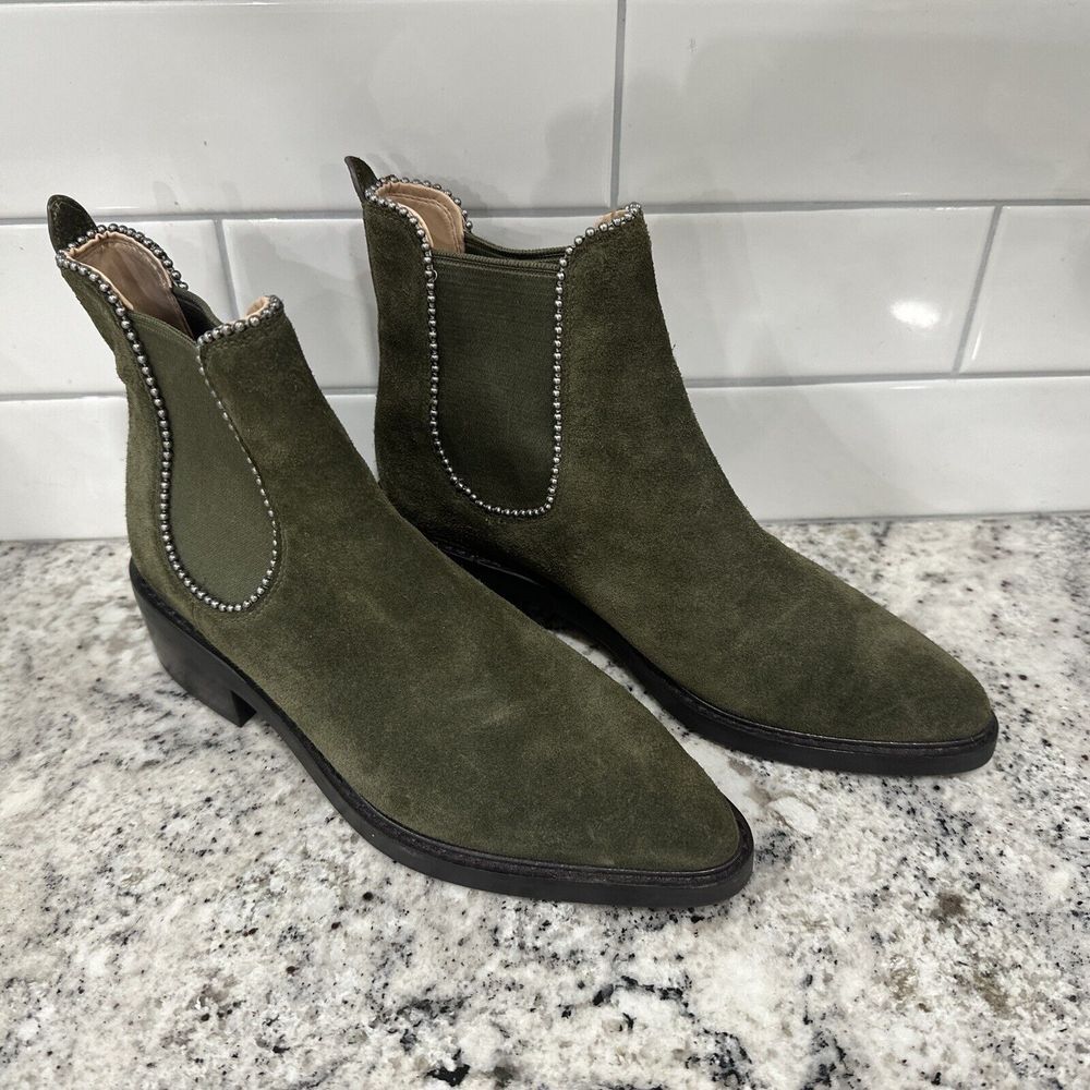 Coach Womens Bowery‎ Bead Chelsea Suede Khaki Green Ankle Boots 36.5 US 6B